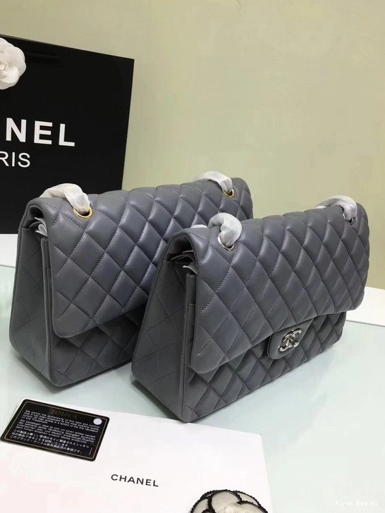 Firstbag Ru Size With CHANEL Lambskin Bag Leather Flap 1112 Silver Grey 30cm Hardware Large Gold 0806
